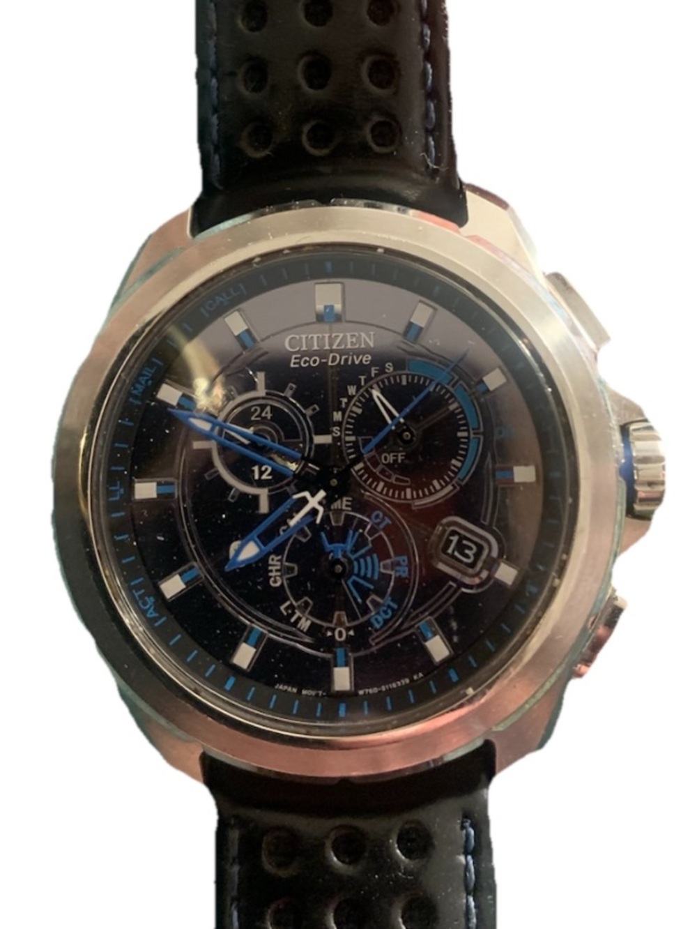 Citizen Eco-Drive proximity Watch with Black leather Strap with blue acents